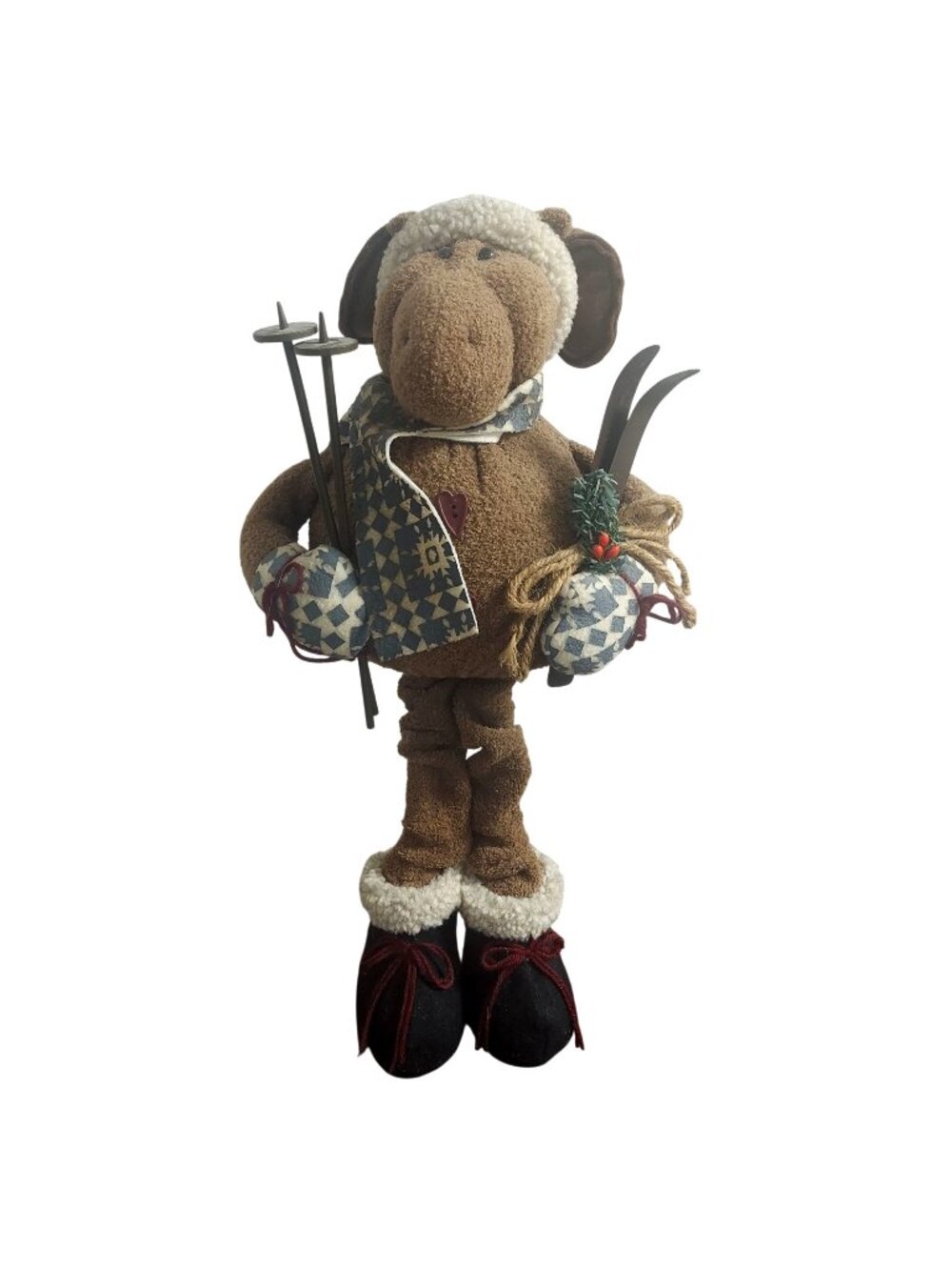 Plush Winter Moose Standing Figurine Skis Christmas Holiday Rustic Lodge Cabin